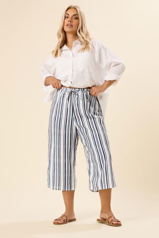 evans YOURS Curve Blue Stripe Linen Look Culottes