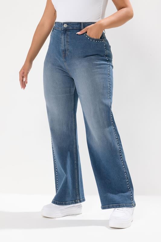 evans YOURS Curve Blue Studded Wide Leg Jeans