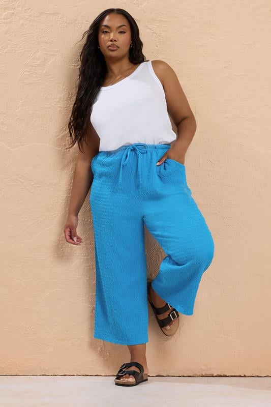 Evans YOURS Curve Blue Textured Cropped Trousers