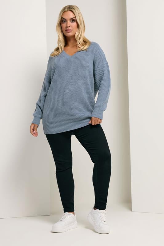 Evans YOURS Curve Blue V-Neck Jumper