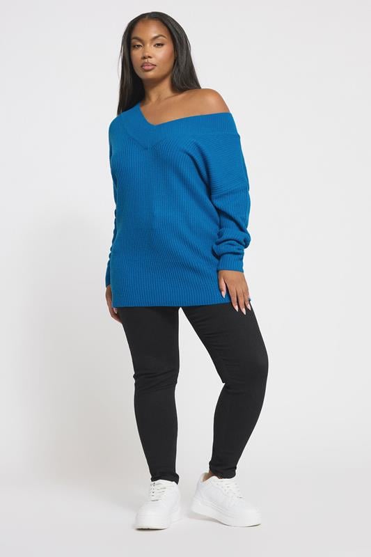 Evans YOURS Curve Blue V-Neck Knitted Jumper