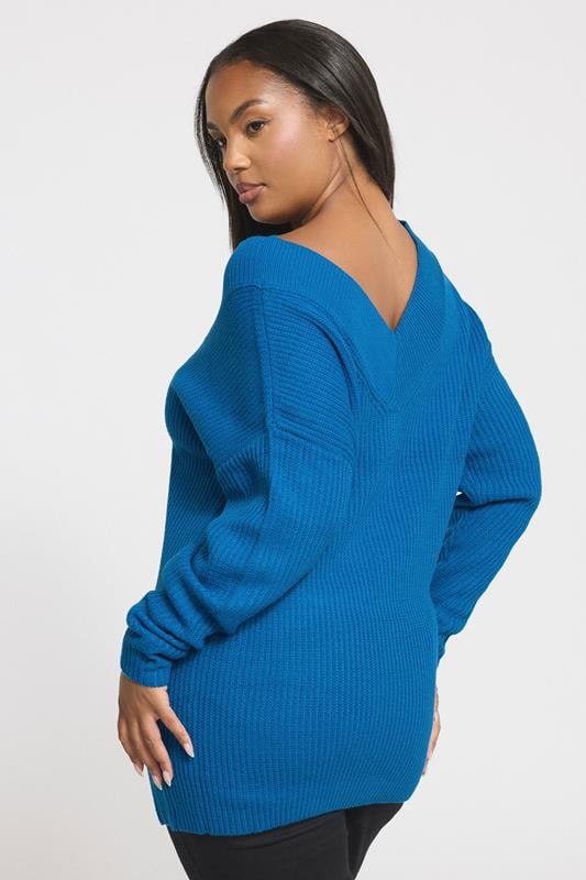 Evans YOURS Curve Blue V-Neck Knitted Jumper