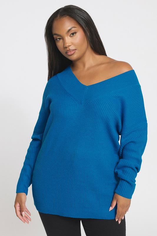 evans YOURS Curve Blue V-Neck Knitted Jumper