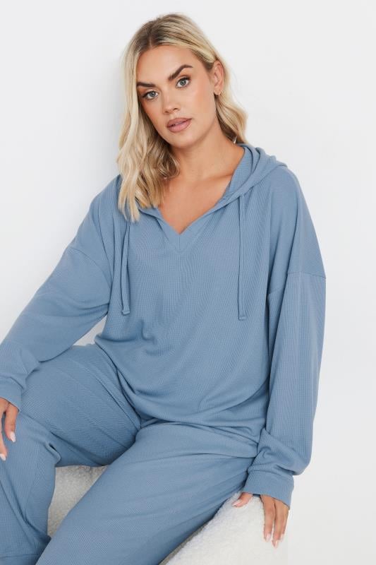 evans YOURS Curve Blue Waffle Cropped Hoodie