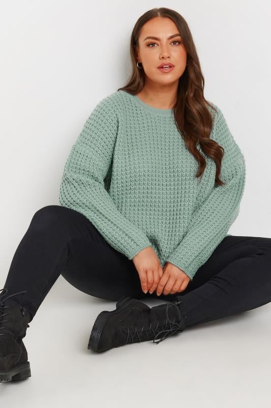 Evans YOURS Curve Blue Waffle Knit Jumper