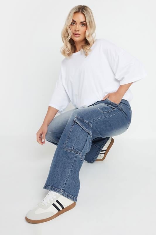 Evans YOURS Curve Blue Washed Effect Cargo Jeans