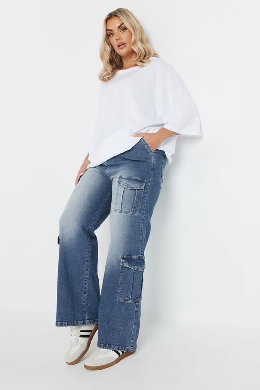 Evans YOURS Curve Blue Washed Effect Cargo Jeans