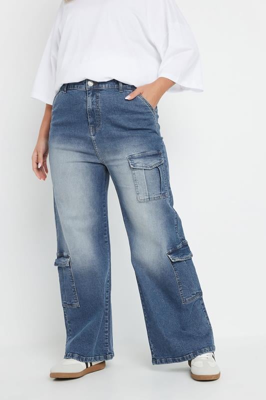 evans YOURS Curve Blue Washed Effect Cargo Jeans