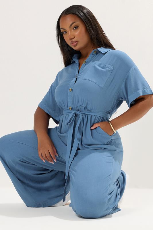 Evans YOURS Curve Blue Wide Leg Chambray Jumpsuit