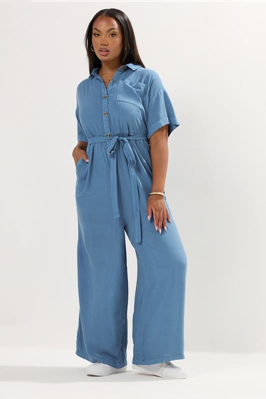 evans YOURS Curve Blue Wide Leg Chambray Jumpsuit