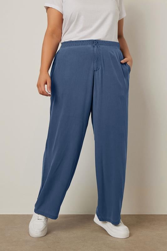 Evans YOURS Curve Blue Wide Leg Chambray Trousers