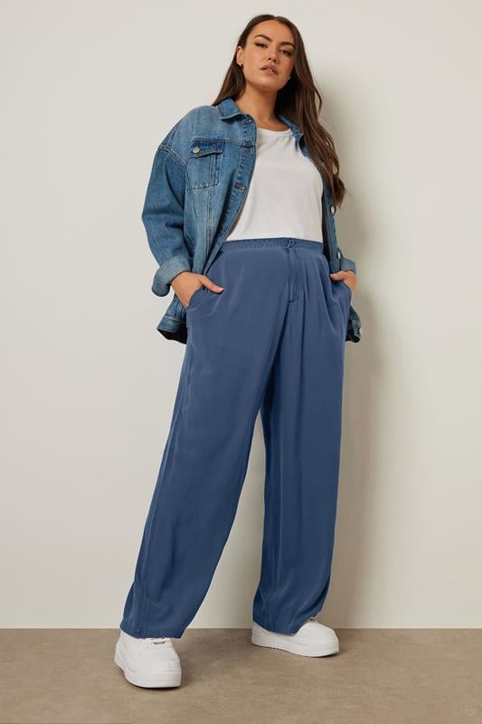 evans YOURS Curve Blue Wide Leg Chambray Trousers
