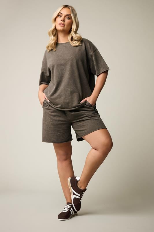 Evans YOURS Curve Brown Acid Wash Jogger Shorts