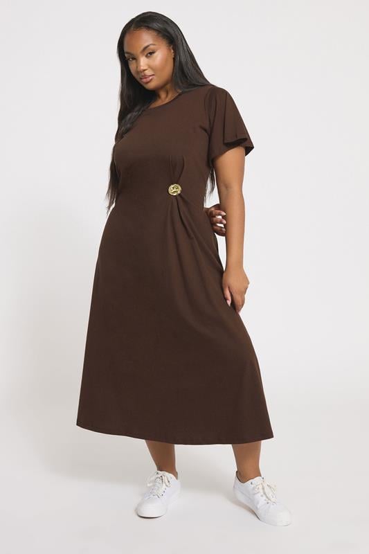 evans YOURS Curve Brown Button Detail Midi Dress