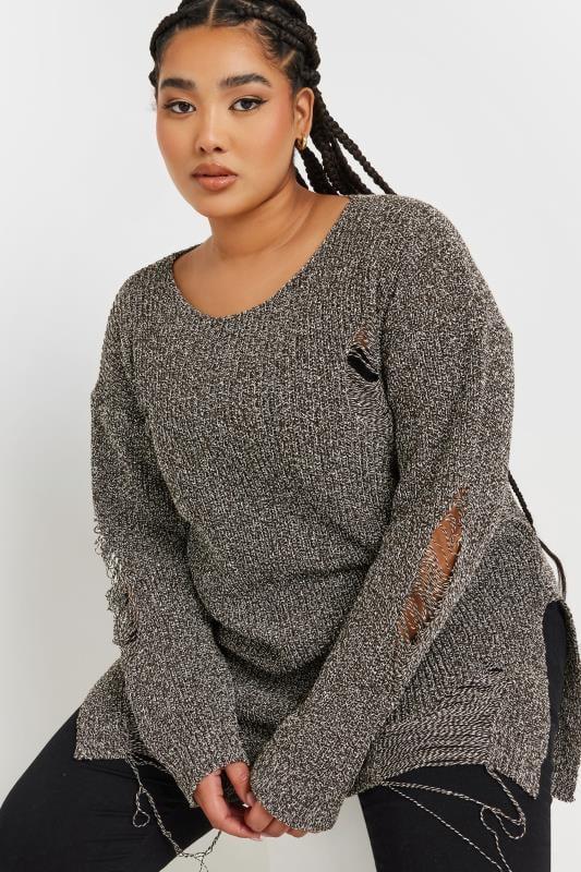 Evans YOURS Curve Brown Distressed Knitted Jumper