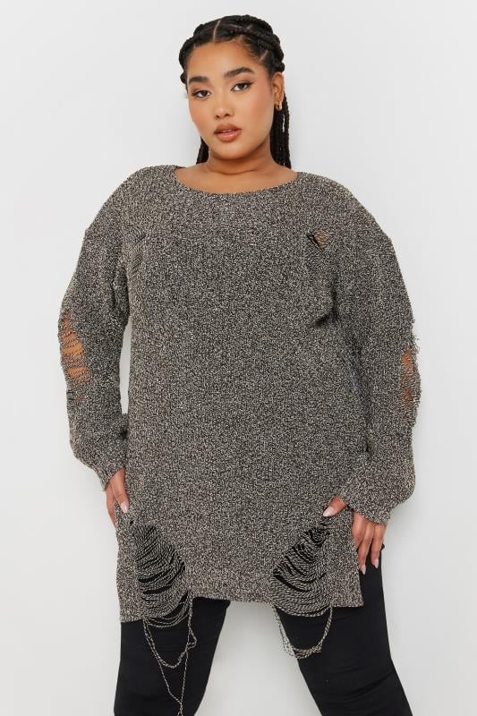 evans YOURS Curve Brown Distressed Knitted Jumper