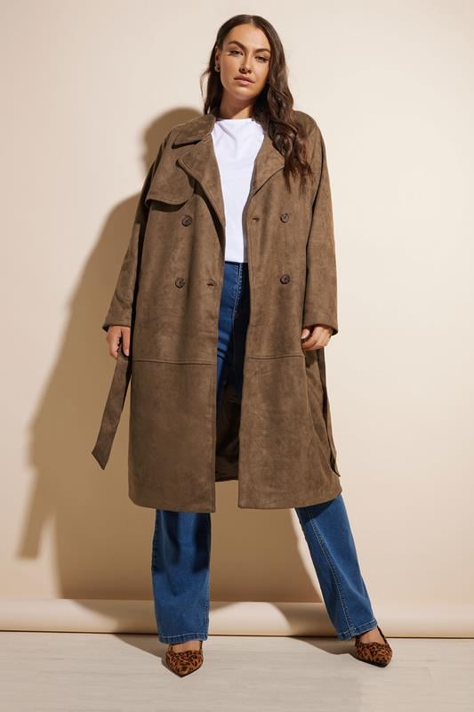 Evans YOURS Curve Brown Faux Suede Trench Coat