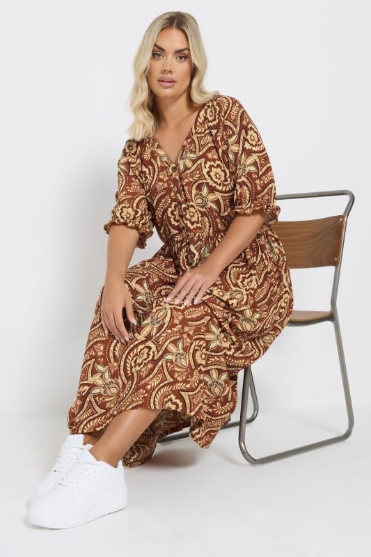 Evans YOURS Curve Brown Floral Print Midaxi Dress