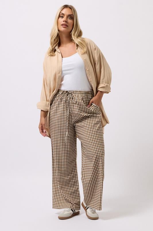 Evans YOURS Curve Brown Gingham Wide Leg Trousers