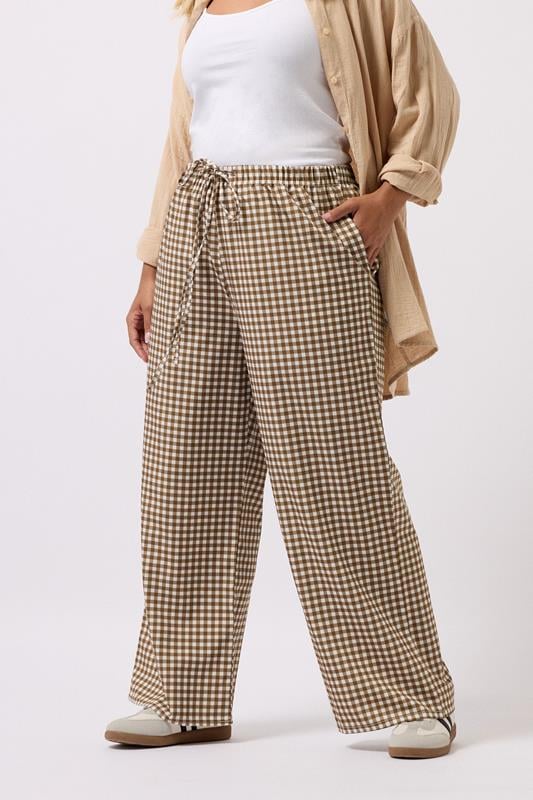 evans YOURS Curve Brown Gingham Wide Leg Trousers