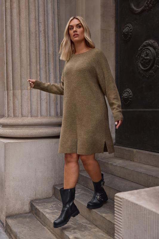 evans YOURS Curve Brown Knitted Tunic Jumper Dress