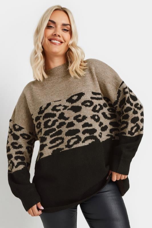 Evans YOURS Curve Brown Leopard Colourblock Jumper