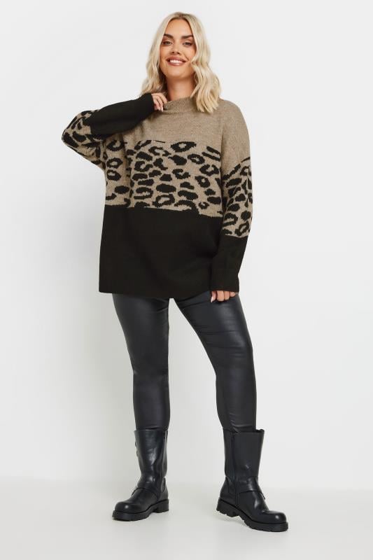 Evans YOURS Curve Brown Leopard Colourblock Jumper
