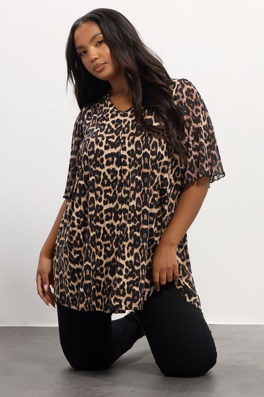 evans YOURS Curve Brown Leopard Pleat Front Top