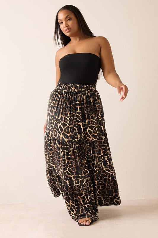 Evans YOURS Curve Brown Leopard Tiered Maxi Skirt