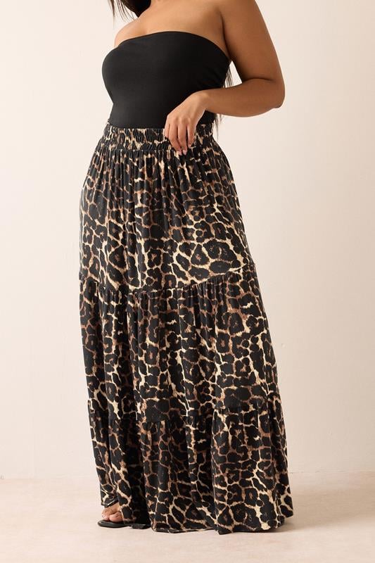 evans YOURS Curve Brown Leopard Tiered Maxi Skirt