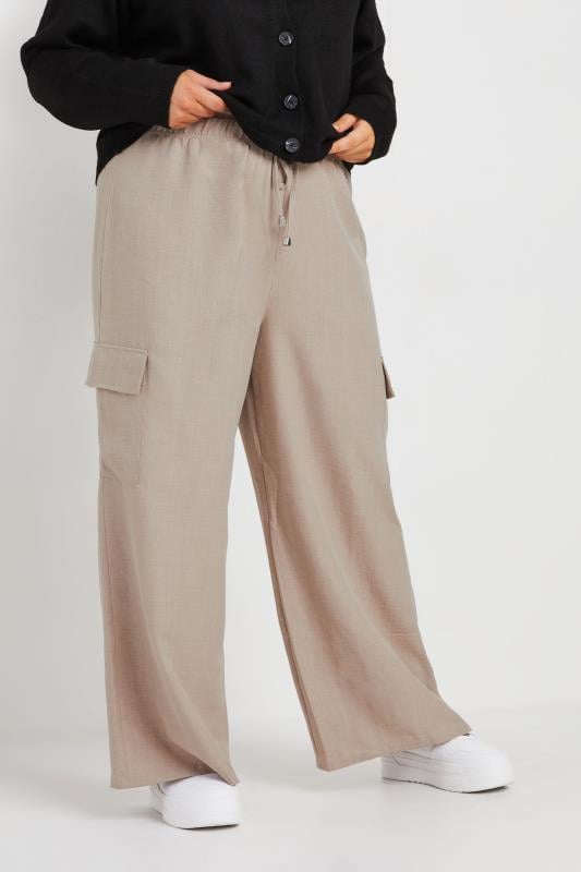 evans YOURS Curve Brown Linen Look Cargo Trousers