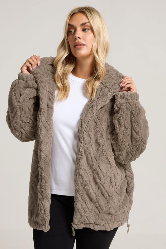 evans YOURS Curve Brown Textured Fleece Jacket