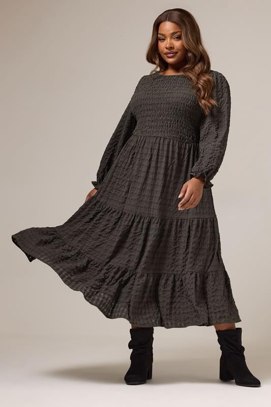 evans YOURS Curve Brown Textured Tiered Maxi Dress