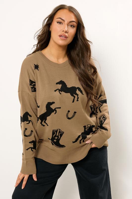 evans YOURS Curve Brown Western Knitted Jumper