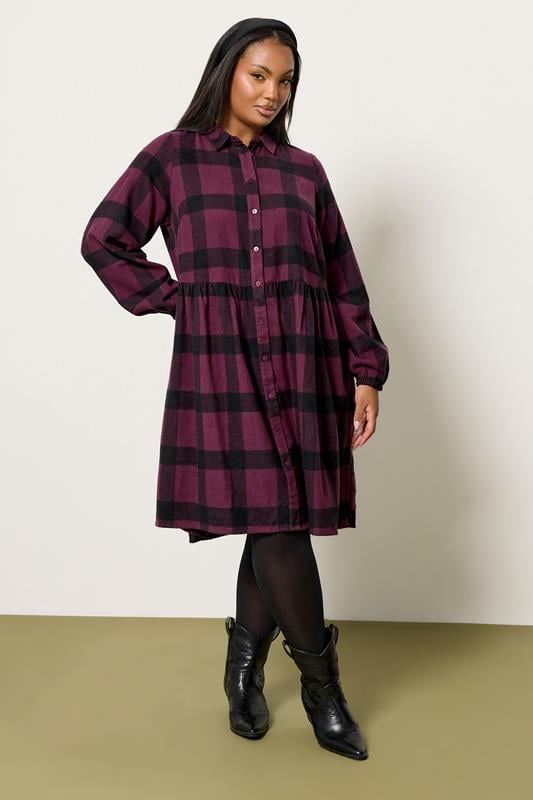 Evans YOURS Curve Burgundy Red Check Shirt Dress