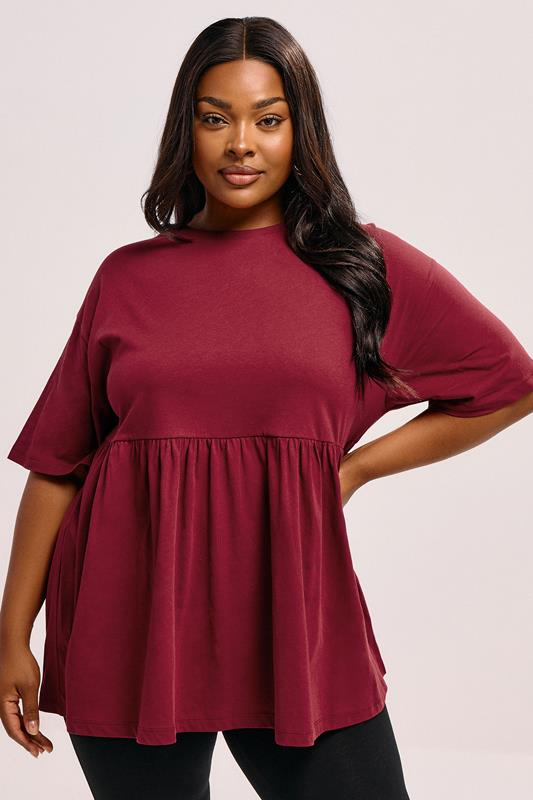 evans YOURS Curve Burgundy Red Cotton Peplum Top