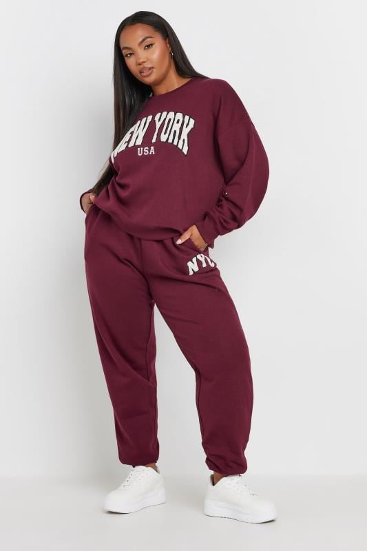 Evans YOURS Curve Burgundy Red 'NYC' Slogan Joggers