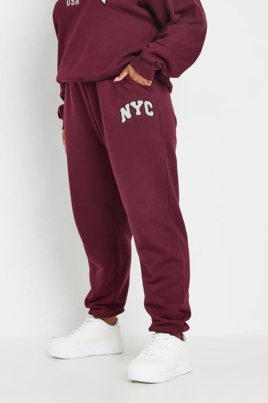 evans YOURS Curve Burgundy Red 'NYC' Slogan Joggers
