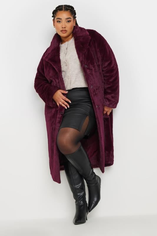 evans YOURS Curve Burgundy Red Plush Faux Fur Coat