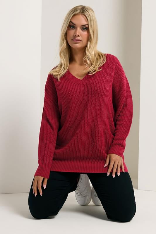 evans YOURS Curve Burgundy Red V-Neck Jumper
