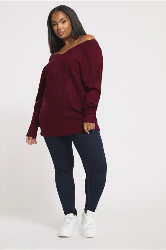 Evans YOURS Curve Burgundy Red V-Neck Knit Jumper