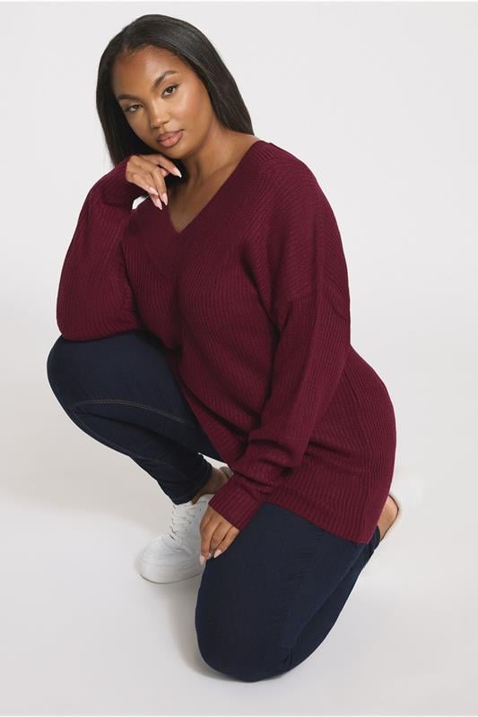 evans YOURS Curve Burgundy Red V-Neck Knit Jumper