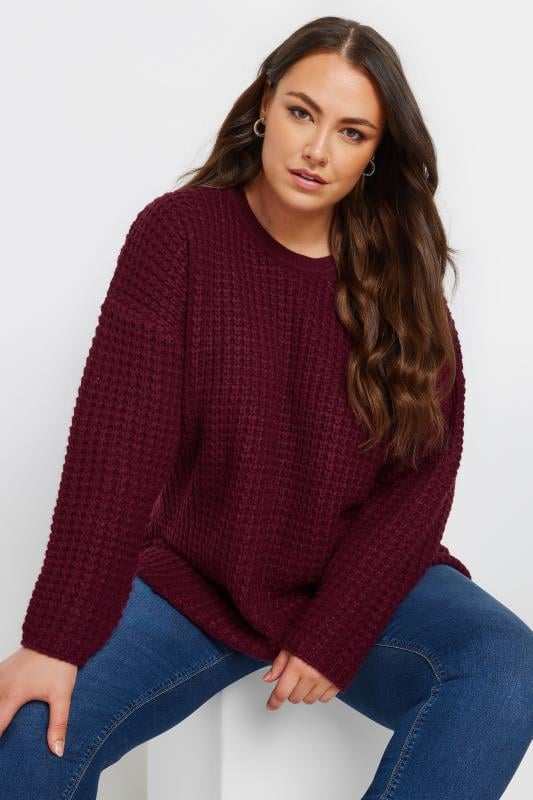 Evans YOURS Curve Burgundy Red Waffle Knit Jumper