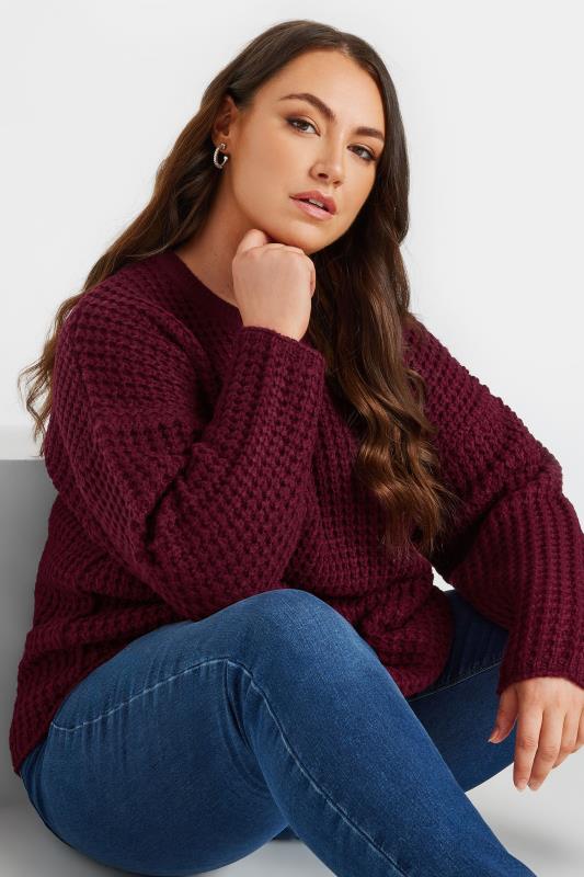 evans YOURS Curve Burgundy Red Waffle Knit Jumper