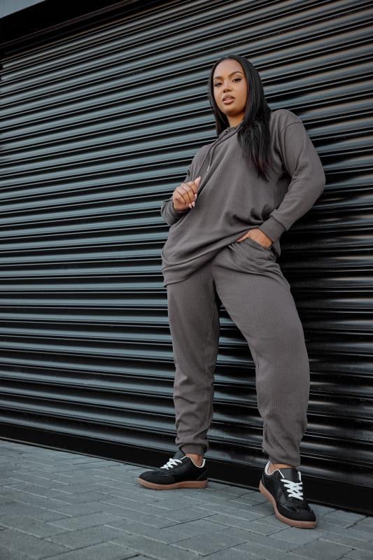 Evans YOURS Curve Charcoal Grey Ribbed Hoodie