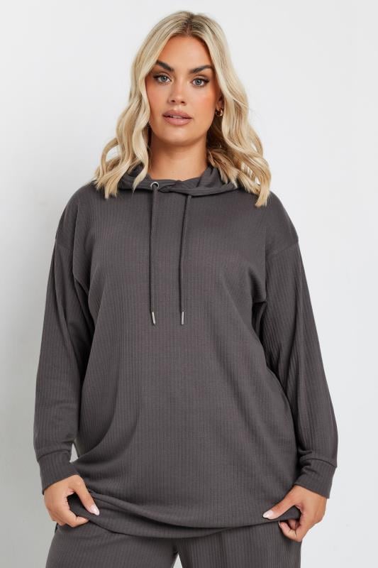 Evans YOURS Curve Charcoal Grey Ribbed Hoodie