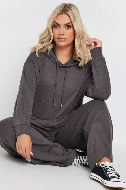 evans YOURS Curve Charcoal Grey Ribbed Hoodie