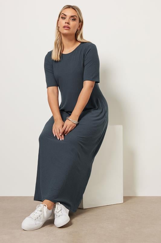 Evans YOURS Curve Charcoal Grey Ribbed Maxi Dress