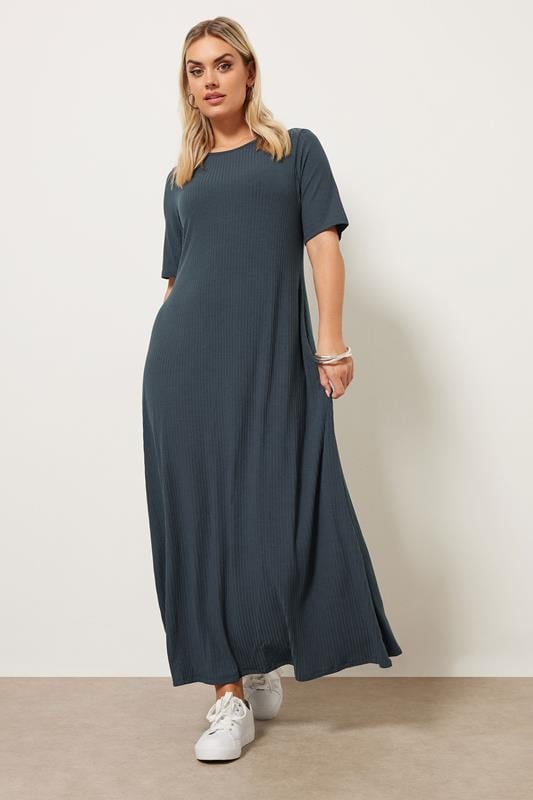 evans YOURS Curve Charcoal Grey Ribbed Maxi Dress