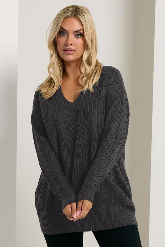 evans YOURS Curve Charcoal Grey V-Neck Jumper